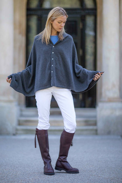 Cashmere-Merino Grey Slate Button Poncho