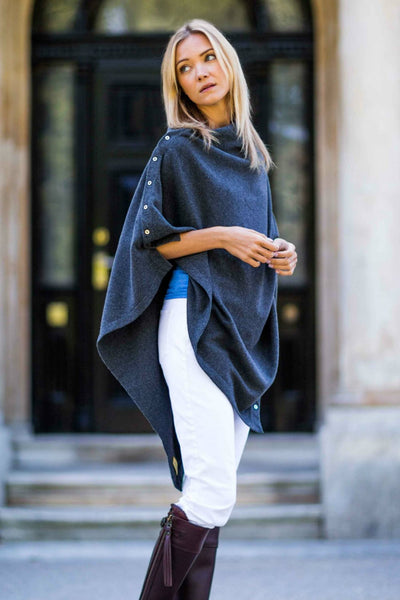 Cashmere-Merino Brown Cafe au Lait Button Poncho