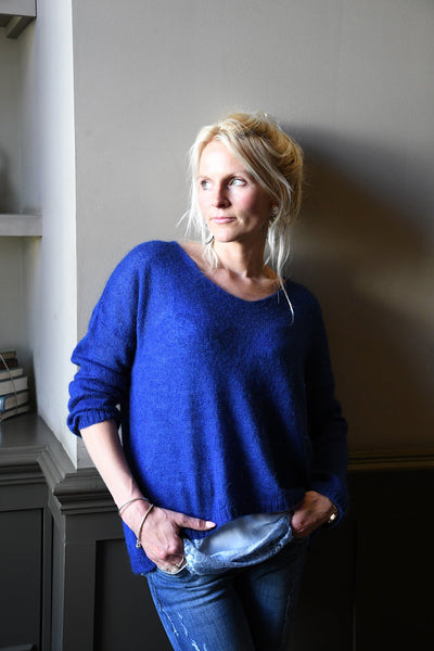 Mohair Fine Knit Azure Blue Jumper V Neck
