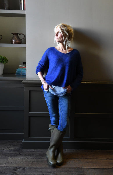 Mohair Fine Knit Azure Blue Jumper V Neck