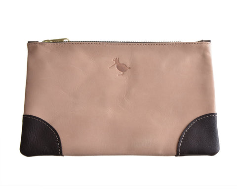 Blush Pink Leather Pouch Brown Edging-Woodcock & Cavendish
