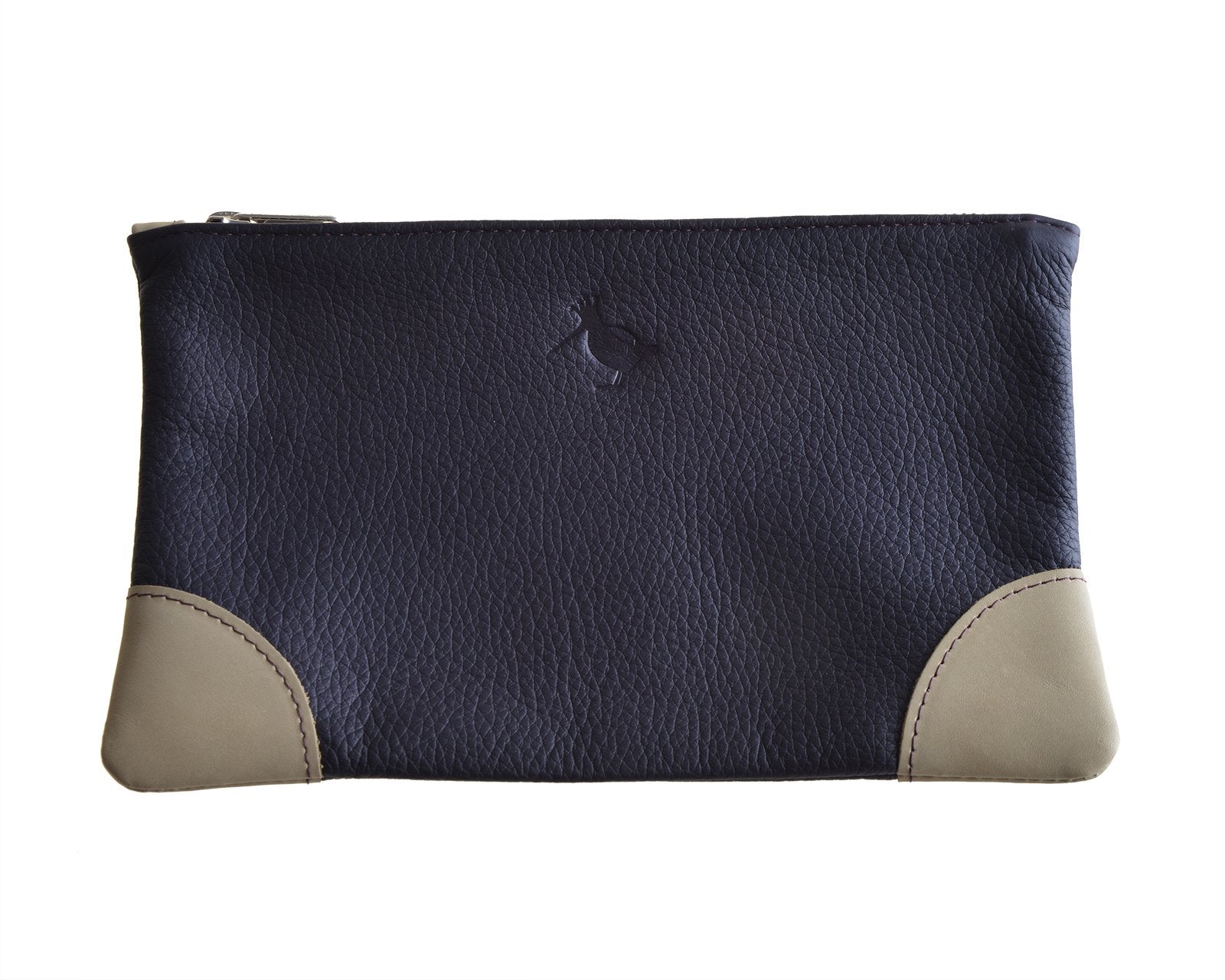 Navy leather Pouch Grey Edging-Woodcock & Cavendish