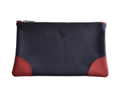 Navy Blue Leather Pouch Red Edging-Woodcock & Cavendish