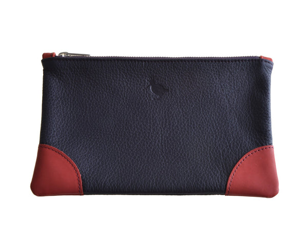 Navy Blue Leather Pouch Red Edging-Woodcock & Cavendish