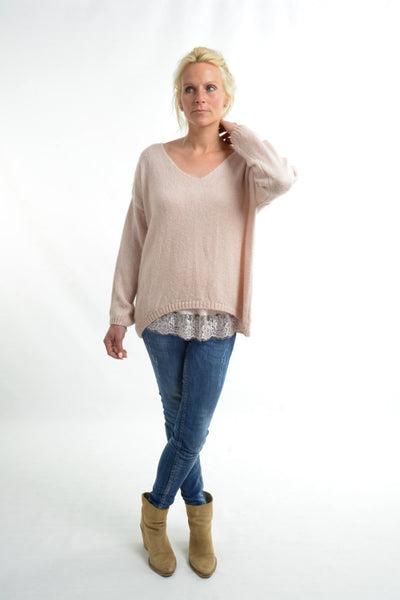 Mohair Fine Knit Pale Pink V Neck Jumper