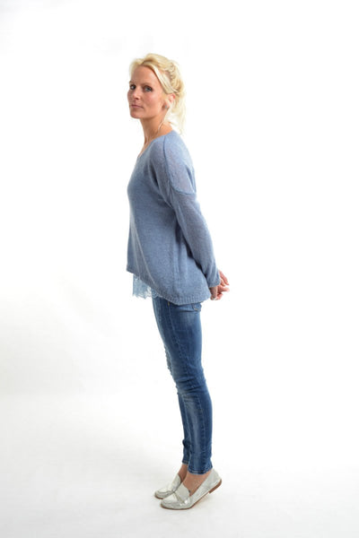Mohair Fine Knit Azure Blue Jumper V Neck