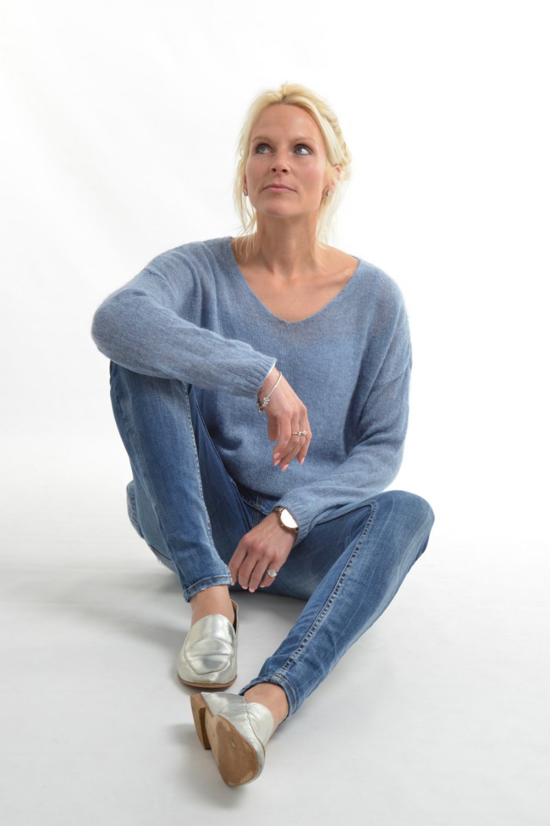 Mohair Fine Knit Baby Blue V Neck Jumper