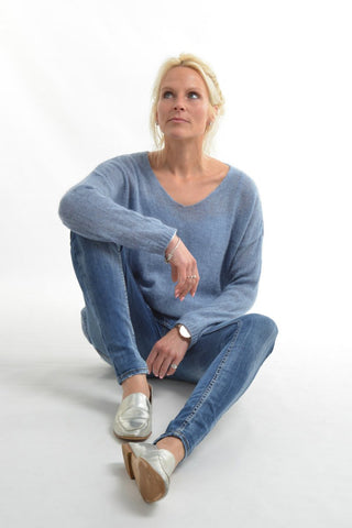 Mohair Fine Knit Baby Blue V Neck Jumper